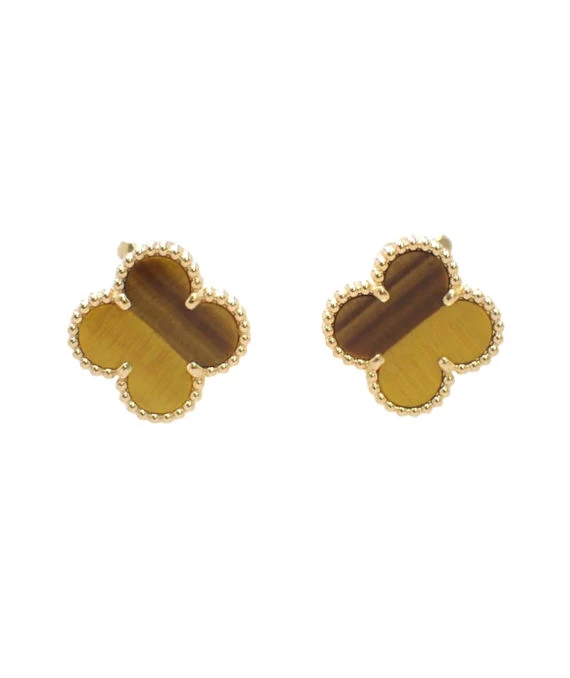 Van Cleef  Arpels Vintage Alhambra Tigers Eye 18k Yellow Gold Earrings