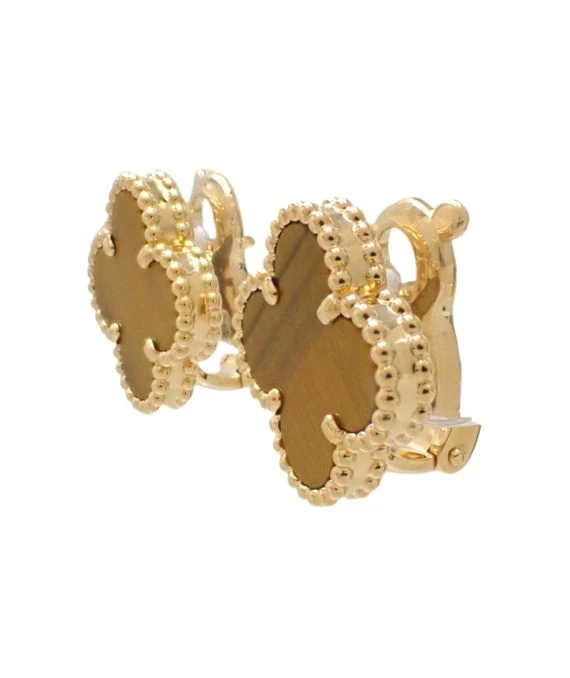 Van Cleef  Arpels Vintage Alhambra Tigers Eye 18k Yellow Gold Earrings