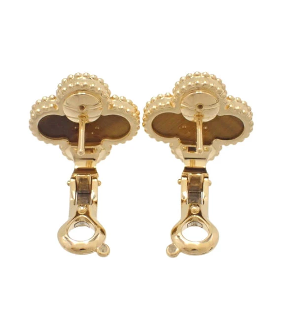 Van Cleef  Arpels Vintage Alhambra Tigers Eye 18k Yellow Gold Earrings