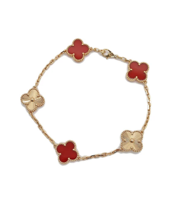 Van Cleef  Arpels Vintage Alhambra Carnelian Guilloche 5 Motifs 18k Rose Gold Bracelet
