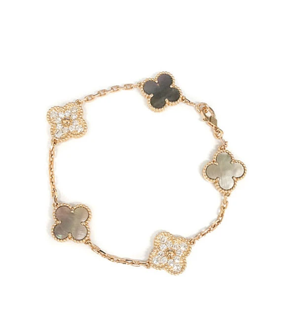 Van Cleef  Arpels Vintage Alhambra Diamond Shell 5 Motifs Bracelet In 18k Pink Gold