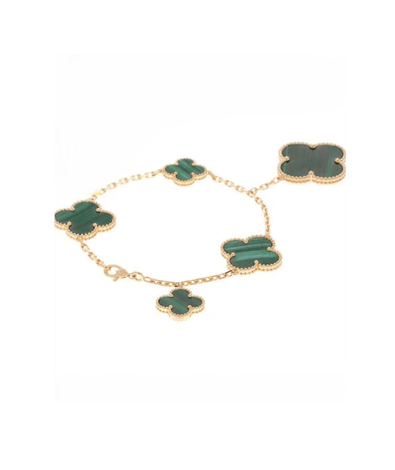 Van Cleef  Arpels Size 19 Magic Alhambra 5 Motifs Malachite Bracelet In 18k Yellow Gold