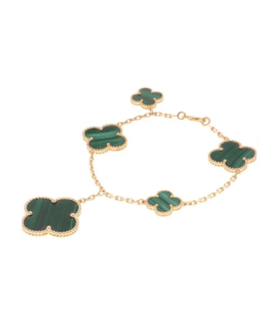 Van Cleef  Arpels Size 19 Magic Alhambra 5 Motifs Malachite Bracelet In 18k Yellow Gold