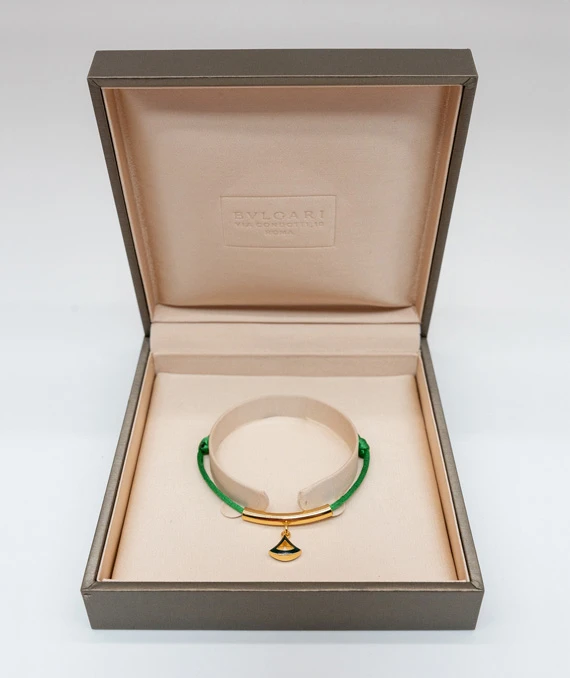 Bvlgari Divas Dream Bracelet in Emerald Green Fabric with Emerald Green Charm