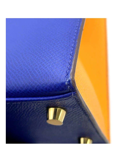 Hermes 2017 (Stamp A) Size 25 Epsom Leather Kelly in Blue Electric and Jaune Ambre Color with Gold Hardware