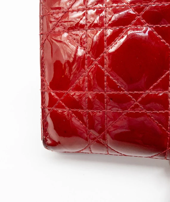 Dior Red Patent Leather Quilted Cannage Zip Around Wallet