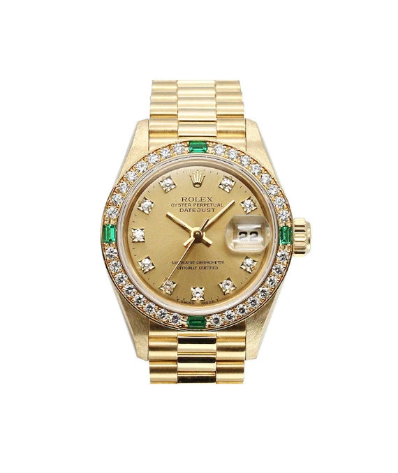 Rolex 69078G Datejust 26mm Champagne Dial in 18k Yellow Gold with Emerald and Diamonds Womens Watch