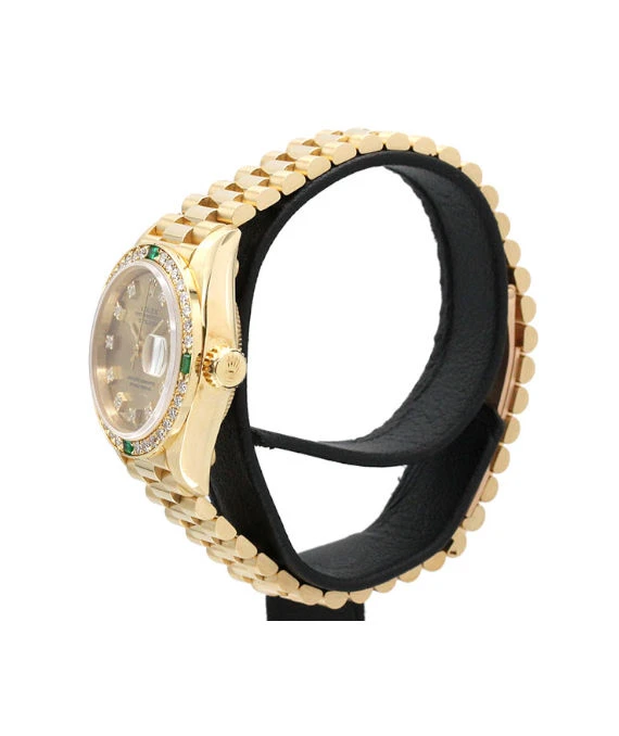 Rolex 69078G Datejust 26mm Champagne Dial in 18k Yellow Gold with Emerald and Diamonds Womens Watch