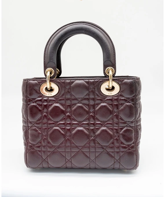 Christian Dior Burgundy Color Small Lady Dior Lambskin Leather Satchel Bag