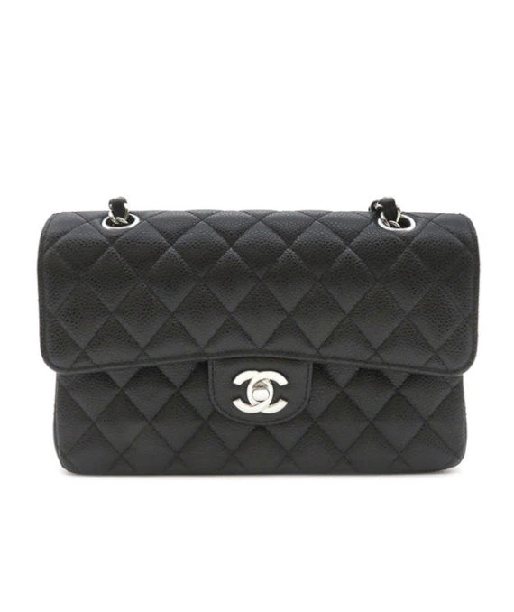 Chanel Black Double Flap Classic Small Caviar Leather Handbag with Silver Hardware