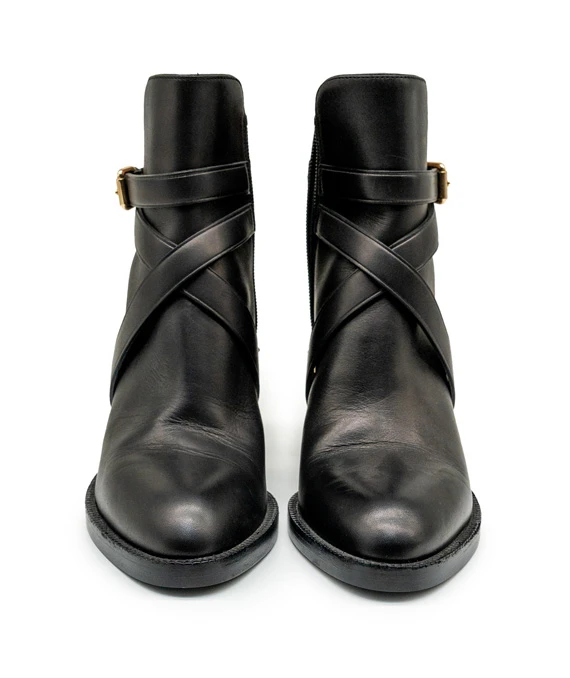 Burberry Size 38 Black/Beige Check Canvas And Strappy Leather House Ankle Boots