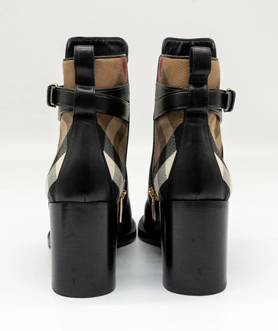Burberry Size 38 Black/Beige Check Canvas And Strappy Leather House Ankle Boots
