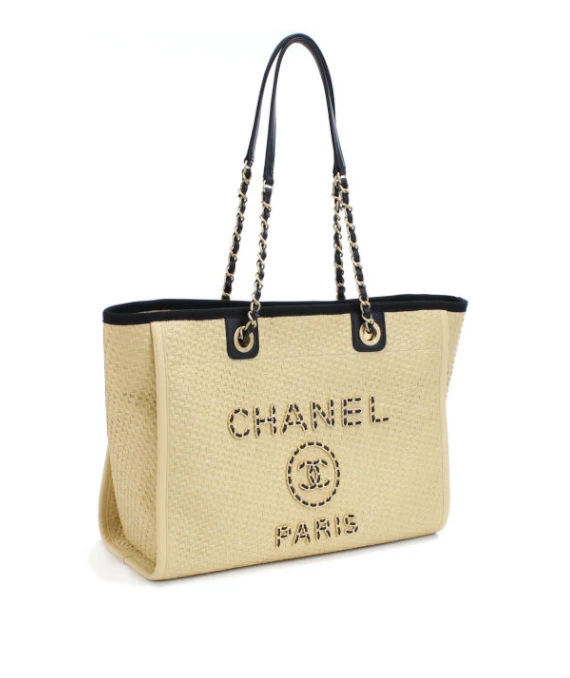 Chanel Deauville Beige Canvas Tote Bag in MM size with Gold Hardware