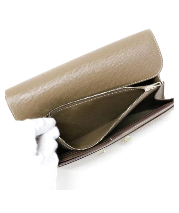 Hermes 2018 (Stamp C) Epsom Leather Constance Long Wallet in Etoupe Color with Palladium Hardware