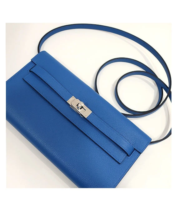 Hermes 2023 (Stamp B) Evercolor Leather Kelly To Go Long Wallet in Blue Color with Palladium Hardware