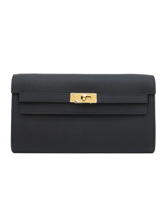 Hermes 2023 (Stamp B) Epsom Leather Kelly To Go Long Wallet in Black Color with Gold Hardware