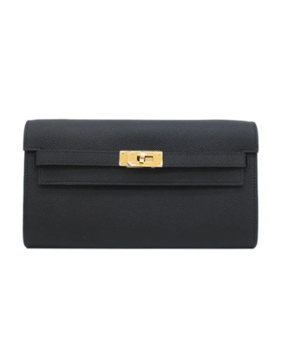 Hermes 2023 (Stamp B) Epsom Leather Kelly To Go Long Wallet in Black Color with Gold Hardware