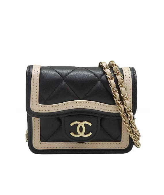 Chanel Black/ Beige Quilted Lambskin Leather Mini Clutch with Chain
