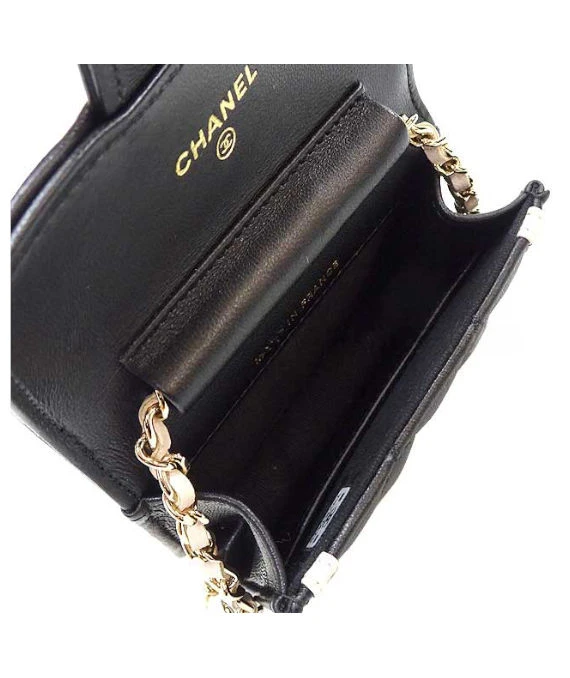 Chanel Black/ Beige Quilted Lambskin Leather Mini Clutch with Chain