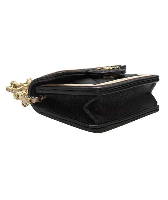 Chanel Black/ Beige Quilted Lambskin Leather Mini Clutch with Chain
