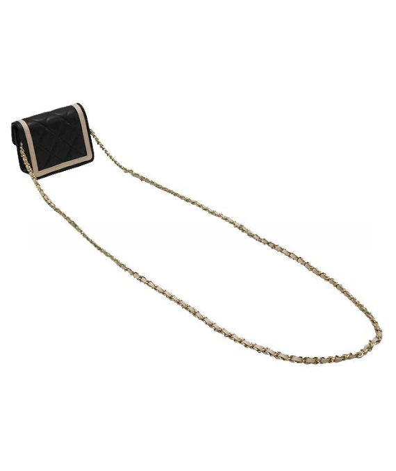 Chanel Black/ Beige Quilted Lambskin Leather Mini Clutch with Chain