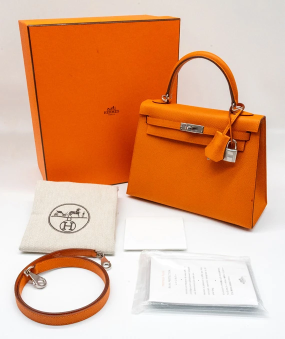 Hermes Kelly (Stamp B) Size 25 Orange Epsom Leather Handbag with Palladium Hardware