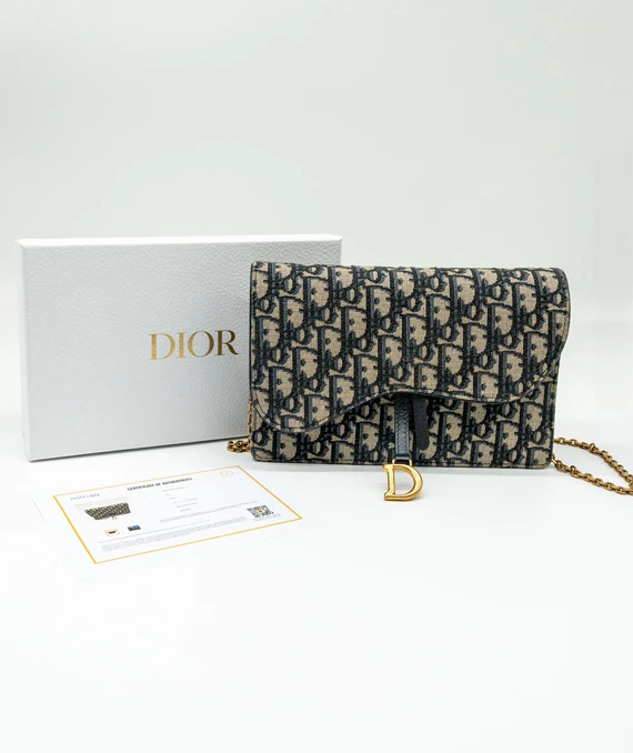 Dior Saddle Wallet on Chain in Blue Dior Oblique Jacquard