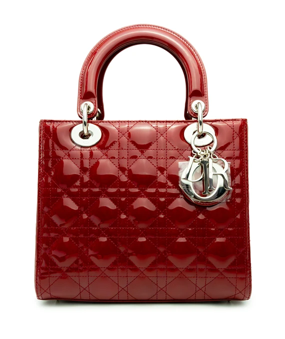 Christian Dior Cherry Red Color Cannage Patent Leather Medium Lady Dior Satchel Bag