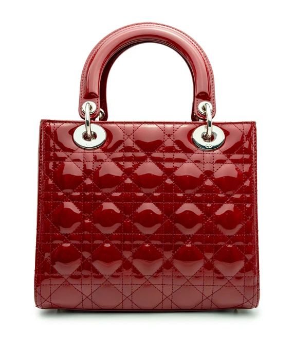 Christian Dior Cherry Red Color Cannage Patent Leather Medium Lady Dior Satchel Bag