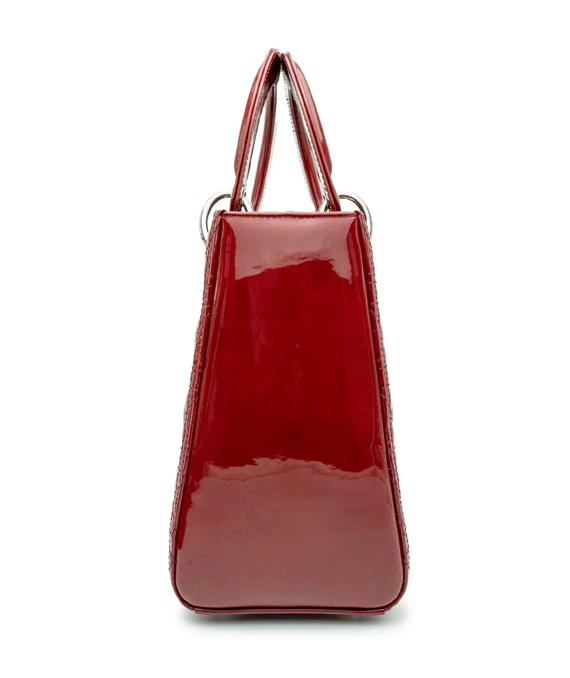 Christian Dior Cherry Red Color Cannage Patent Leather Medium Lady Dior Satchel Bag