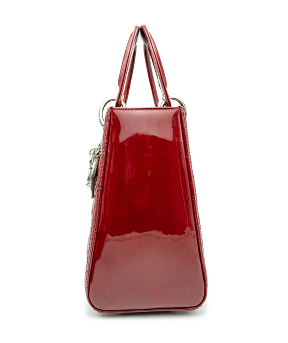 Christian Dior Cherry Red Color Cannage Patent Leather Medium Lady Dior Satchel Bag