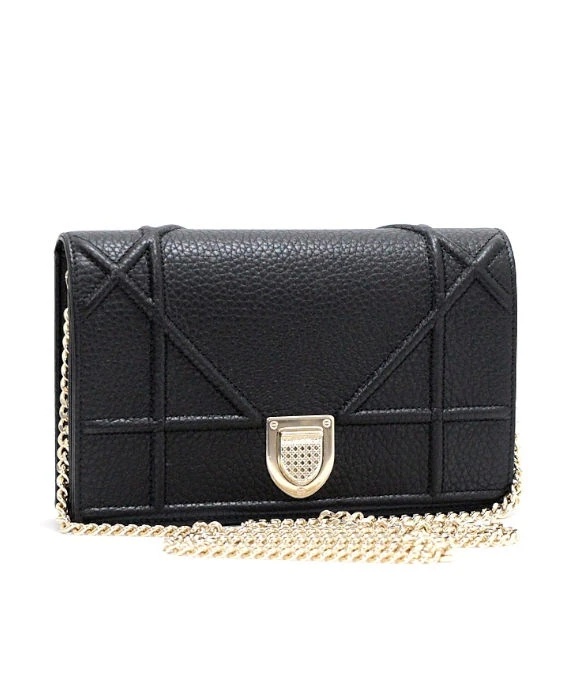 Christian Dior Diorama Chain on Wallet in Leather Black with Gold Hardware