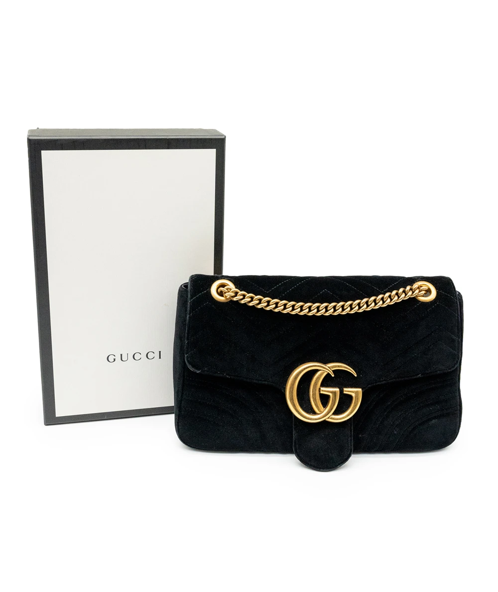 Gucci Black Velvet GG Marmont Matelassé Medium Shoulder Bag