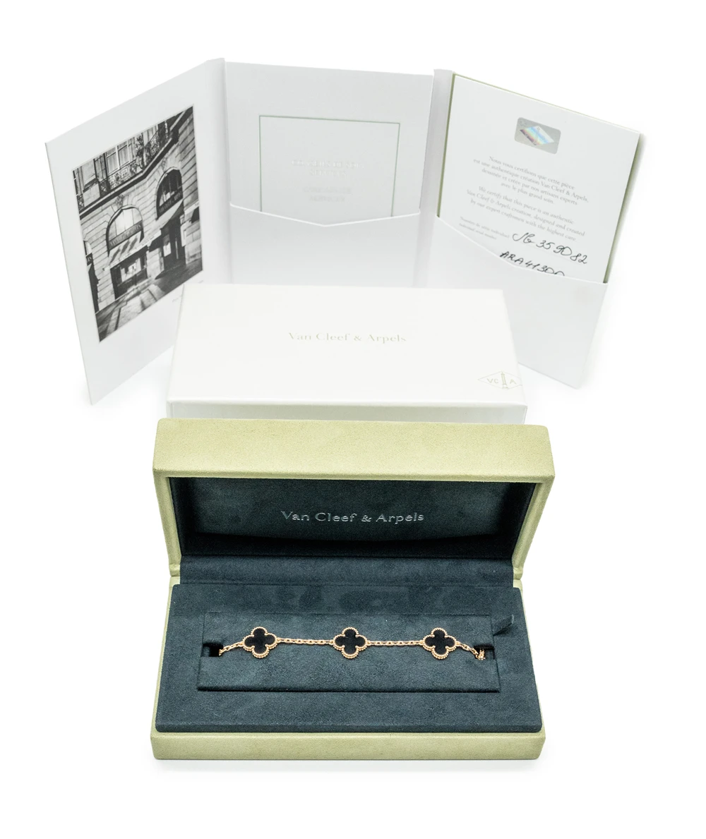 Van Cleef  Arpels Alhambra 5 Motif Black Onyx Bracelet in 18k Yellow Gold