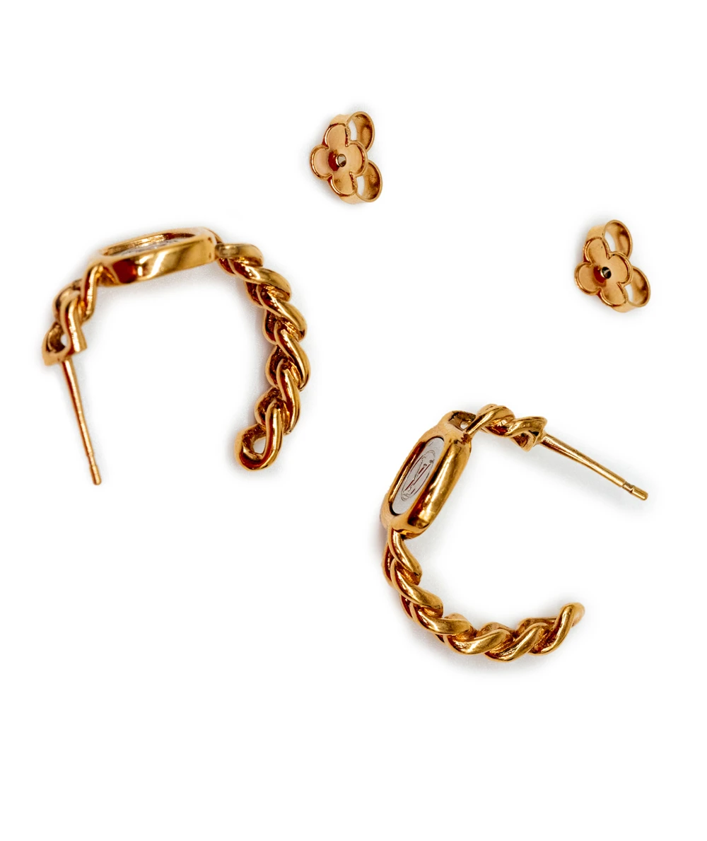 Louis Vuitton ID Chain Gold Plated Hoop Earrings with LV Monogram Logo in Silver