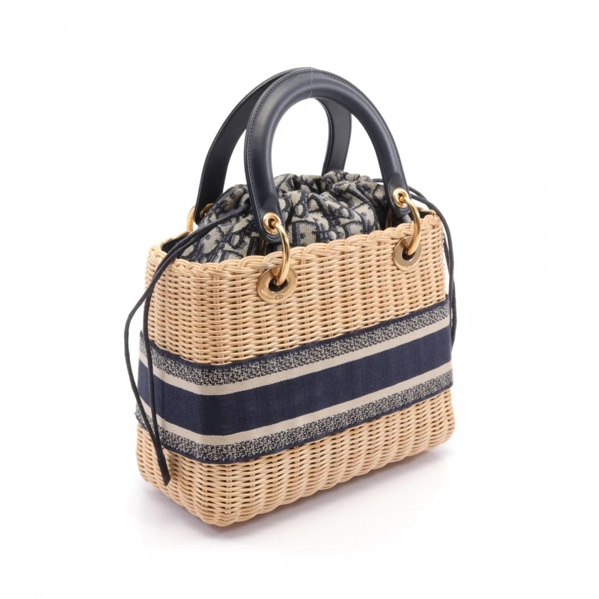 Dior Navy Blue Wicker Oblique Medium Lady Dior Handbag