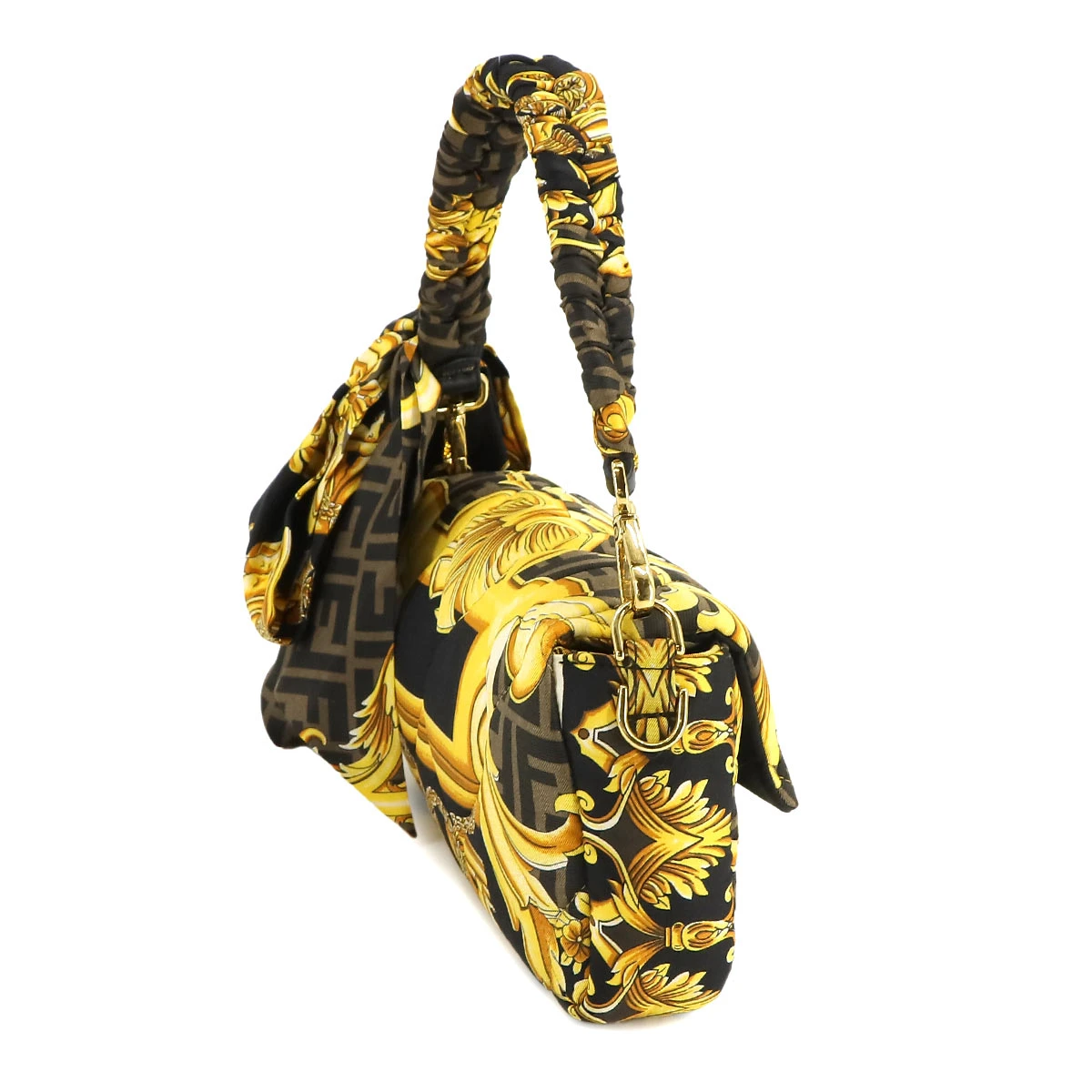 Fendi x Versace Silk Fendace FF Baroque Quilted Scarf Baguette Black Gold Bag