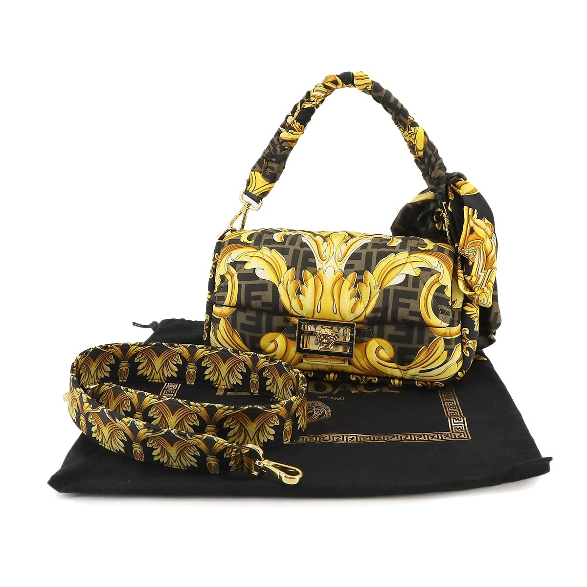 Fendi x Versace Silk Fendace FF Baroque Quilted Scarf Baguette Black Gold Bag