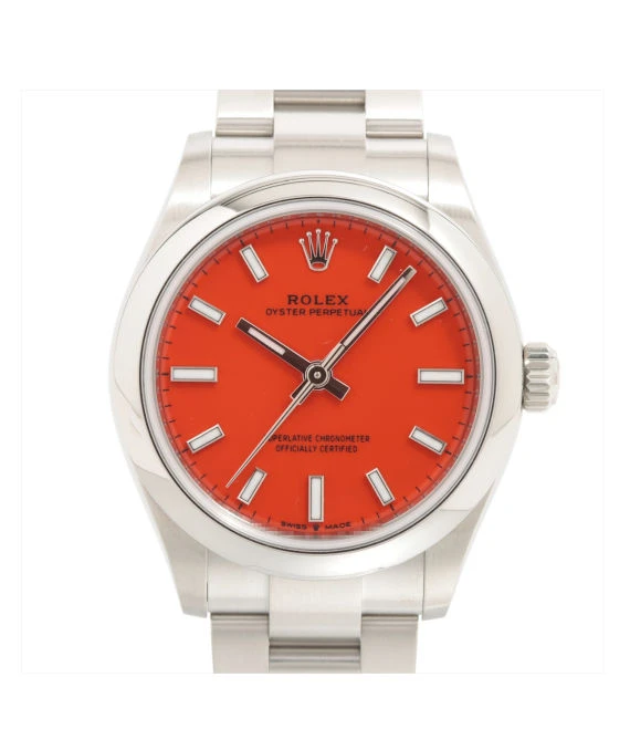 Rolex Red Stainless Steel Oyster Perpetual Automatic Womens Wristwatch 31 mm