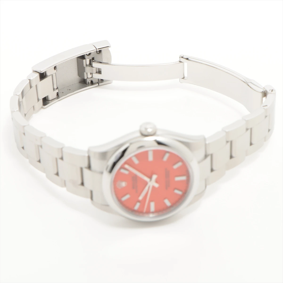 Rolex Red Stainless Steel Oyster Perpetual Automatic Womens Wristwatch 31 mm