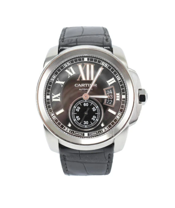 Cartier Black Stainless Steel  Leather Calibre de Cartier Automatic Mens Wristwatch