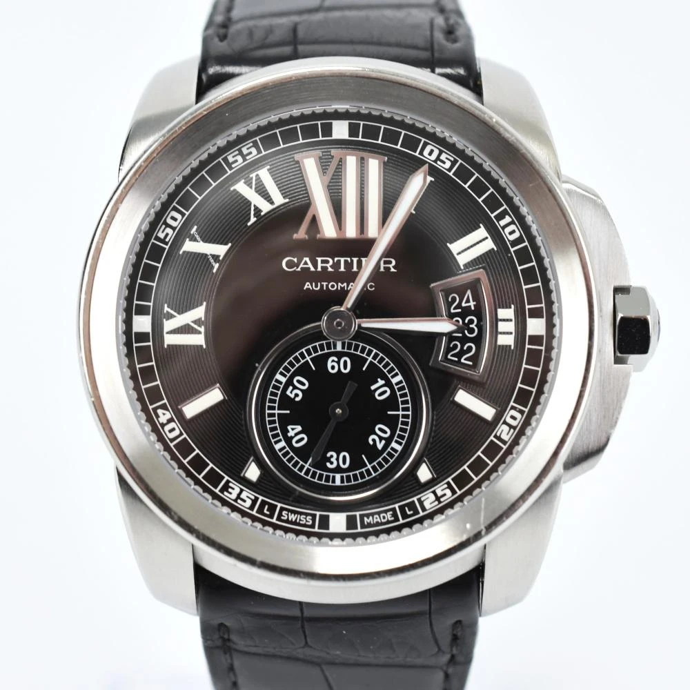 Cartier Black Stainless Steel  Leather Calibre de Cartier Automatic Mens Wristwatch