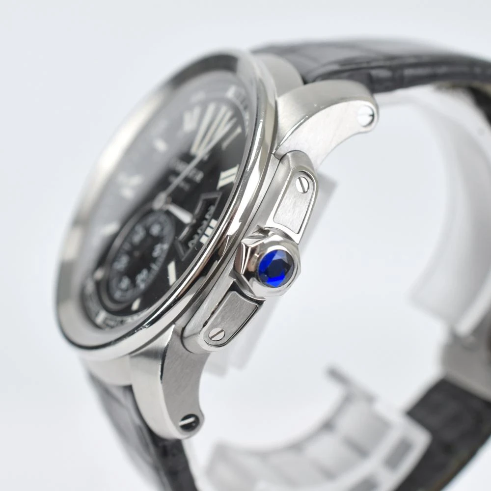 Cartier Black Stainless Steel  Leather Calibre de Cartier Automatic Mens Wristwatch