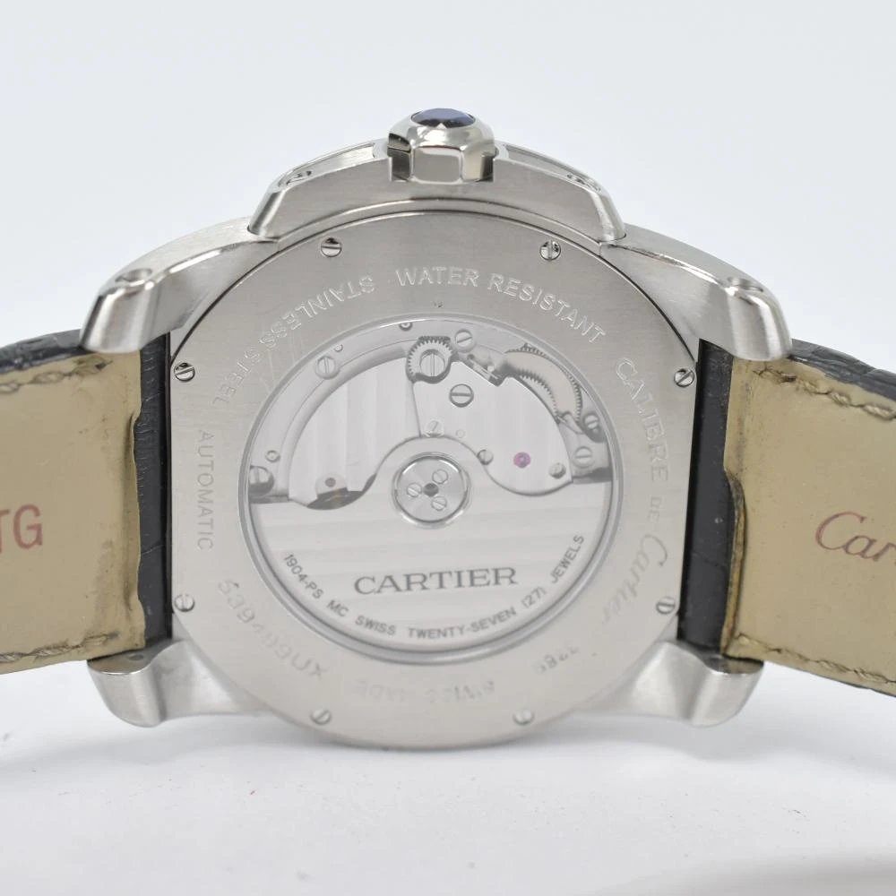 Cartier Black Stainless Steel  Leather Calibre de Cartier Automatic Mens Wristwatch