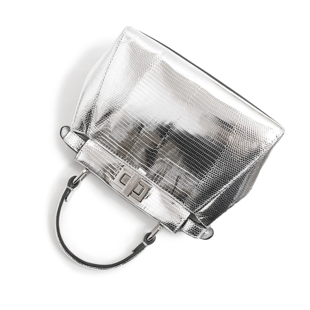 Fendi Metallic Lizard XS Peekaboo Iconic Satchel Silver