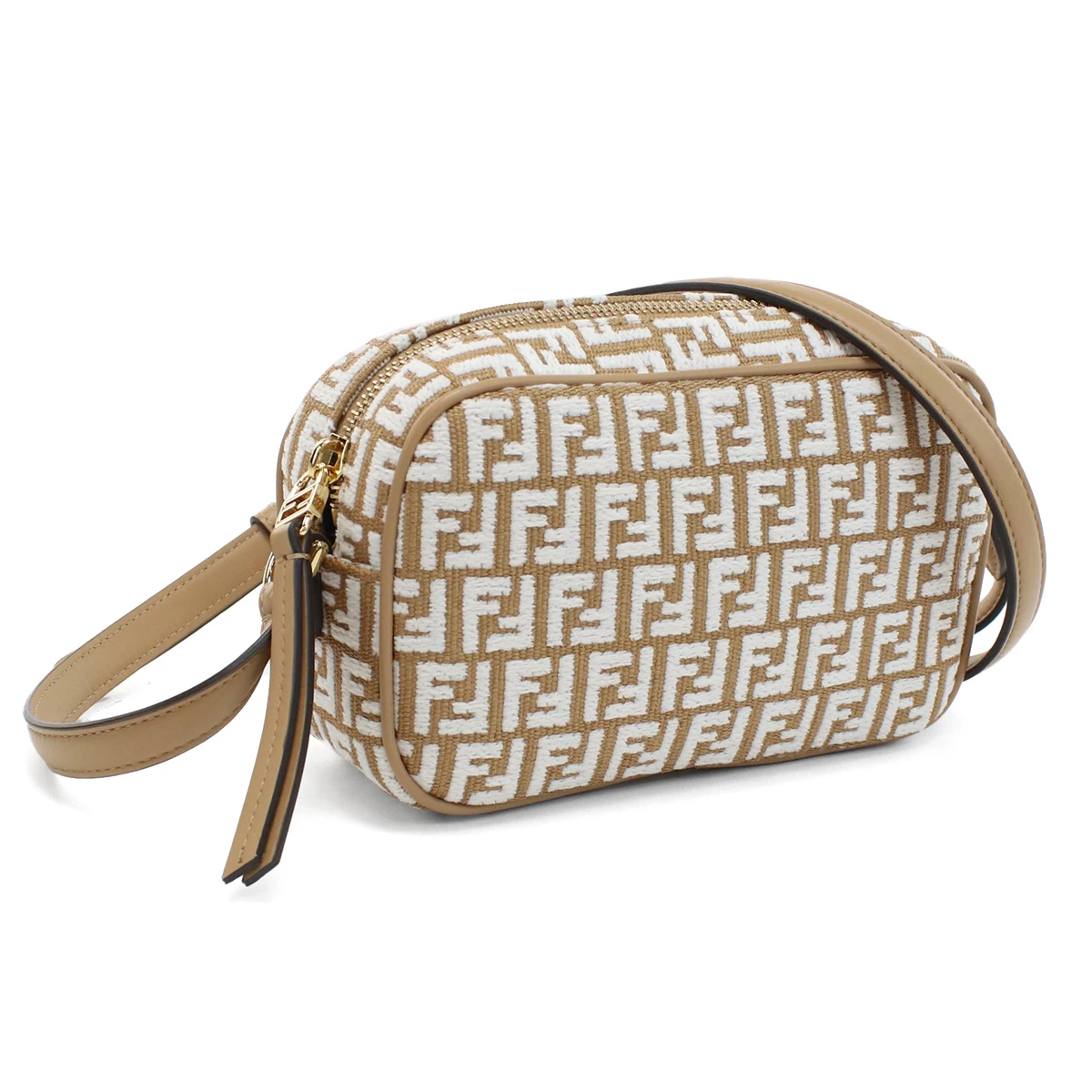Fendi Brown White FF Mini Raffia  Leather Camera Bag