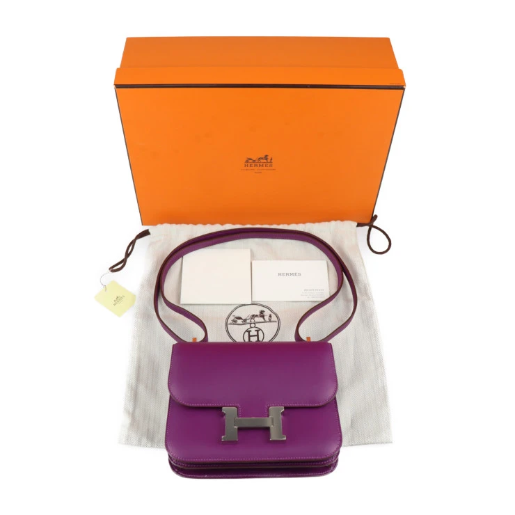 Hermes (Stamp T) Size 18 Swift leather Constance 3 Mini Anemone Purple in Color with Palladium Hardware