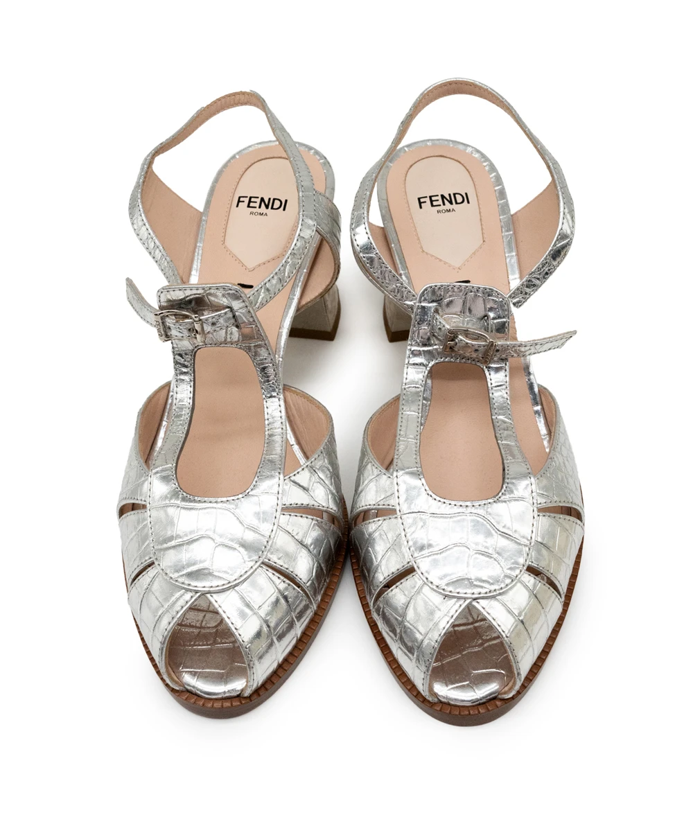 Fendi Size 38 Silver Foil Crocodile-embossed Leather Metallic Strappy Chameleon Platform Block Heel Sandals