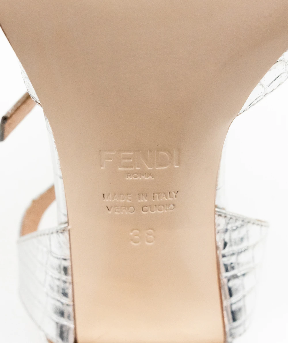 Fendi Size 38 Silver Foil Crocodile-embossed Leather Metallic Strappy Chameleon Platform Block Heel Sandals