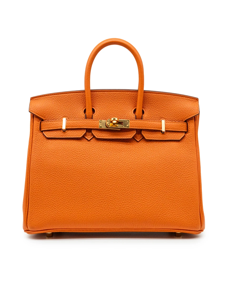 Hermes Birkin (Stamp B) Size 25 Togo Leather handbag in Orange with Gold Hardware Brand New Year 2023
